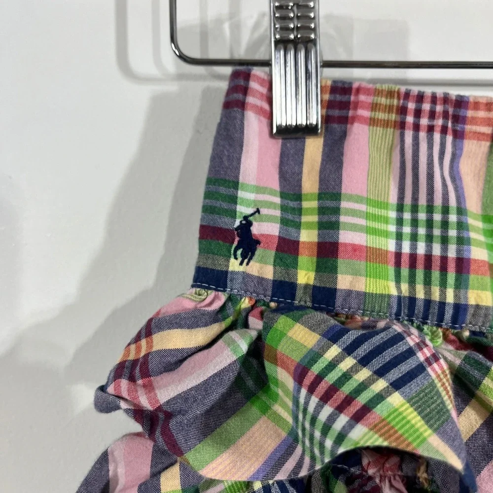 Ralph Lauren Girls Madras Plaid Tiered Ruffle Skirt Size 6 Cotton Pony Logo VTG